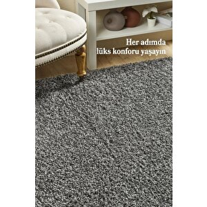 Yuvarlak Shaggy Halı 30 Mm Uzun Ve Yüksek Tüylü Düz Koyu Gri Rengi 120 cm