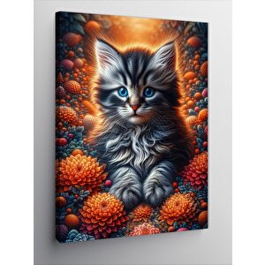 Kanvas Tablo Çiçekler Ve Yavru Kedi 100x140 cm