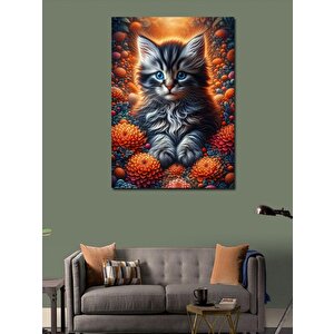 Kanvas Tablo Çiçekler Ve Yavru Kedi 100x140 cm