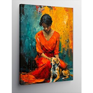 Kanvas Tablo Kırmızı Elbiseli Kadın Ve Köpek 70x100 cm