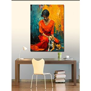 Kanvas Tablo Kırmızı Elbiseli Kadın Ve Köpek 70x100 cm