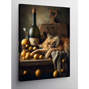 Kanvas Tablo Şarap, Peynir Ve Kedi 100x140 cm