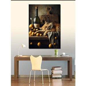 Kanvas Tablo Şarap, Peynir Ve Kedi 100x140 cm