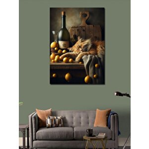 Kanvas Tablo Şarap, Peynir Ve Kedi 100x140 cm