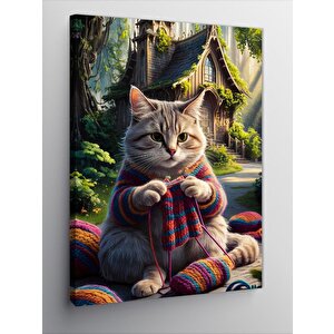 Kanvas Tablo Örgü Yapan Kedi