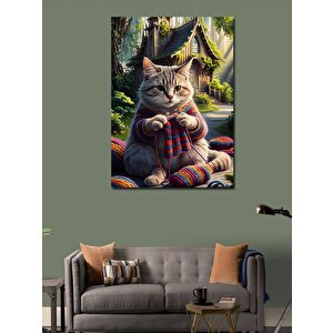 Kanvas Tablo Örgü Yapan Kedi