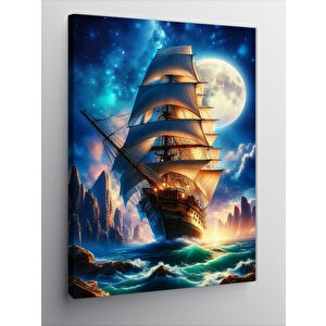 Kanvas Tablo Dolunay Ve Yelkenli Gemi 70x100 cm
