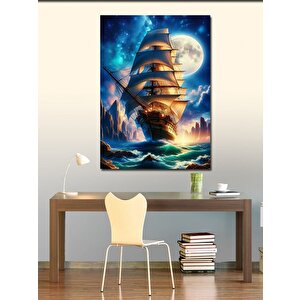 Kanvas Tablo Dolunay Ve Yelkenli Gemi 70x100 cm