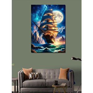 Kanvas Tablo Dolunay Ve Yelkenli Gemi 70x100 cm