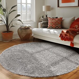 Yuvarlak Shaggy Halı 30 Mm Uzun Ve Yüksek Tüylü Düz Açık Gri Rengi 200 cm