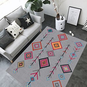 Etnik Desen Halı, Gri Renk Halı, Salon Halısı, Yıkanabilir, Kaymaz Taban, Mutfak Halısı, Yolluk, 80x120 cm