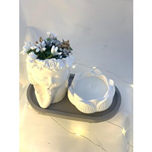 Dekoratif Oval Gri Organizer Tabak Çiçekçi Kız Saksı Lotus Soya Mum Set