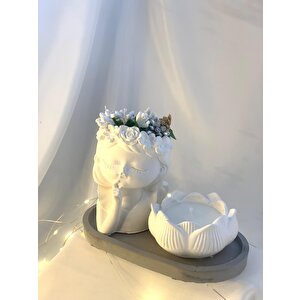 Dekoratif Oval Gri Organizer Tabak Çiçekçi Kız Saksı Lotus Soya Mum Set