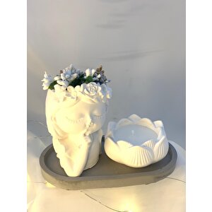 Dekoratif Oval Gri Organizer Tabak Çiçekçi Kız Saksı Lotus Soya Mum Set