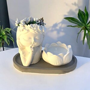 Dekoratif Oval Gri Organizer Tabak Çiçekçi Kız Saksı Lotus Soya Mum Set