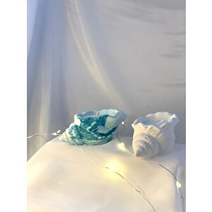Dekoratif İkili Beyaz Mavi Mermer Desen Deniz Kabuğu   Soya Mum Set