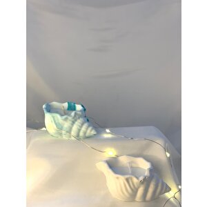 Dekoratif İkili Beyaz Mavi Mermer Desen Deniz Kabuğu   Soya Mum Set