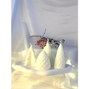 Dekoratif Dalga Desen Organizer Tabak Kozalak Üçlü Çam Ağacı Soya Mum Set