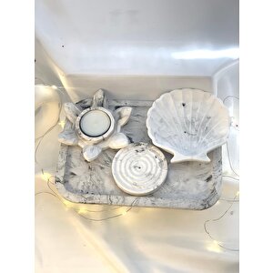 Mermer Desen Büyük Organizer Tabak Nilüfer Tealight İstiridye Organizer Tabak Tütsülük Set
