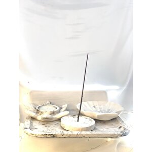 Mermer Desen Büyük Organizer Tabak Nilüfer Tealight İstiridye Organizer Tabak Tütsülük Set
