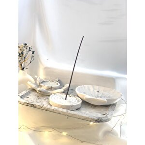 Mermer Desen Büyük Organizer Tabak Nilüfer Tealight İstiridye Organizer Tabak Tütsülük Set