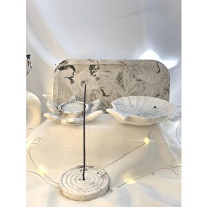 Mermer Desen Büyük Organizer Tabak Nilüfer Tealight İstiridye Organizer Tabak Tütsülük Set