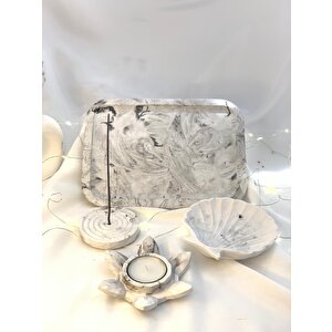 Mermer Desen Büyük Organizer Tabak Nilüfer Tealight İstiridye Organizer Tabak Tütsülük Set