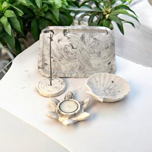 Mermer Desen Büyük Organizer Tabak Nilüfer Tealight İstiridye Organizer Tabak Tütsülük Set
