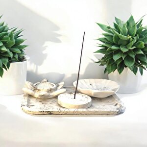 Mermer Desen Büyük Organizer Tabak Nilüfer Tealight İstiridye Organizer Tabak Tütsülük Set