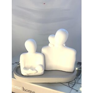 Dekoratif Oval Gri Organizer Tabak  Beton Aile Obje Biblo Set