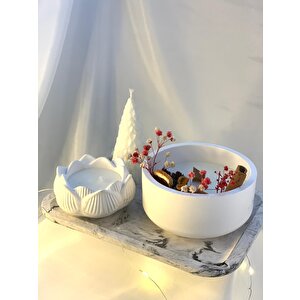 Mermer Desen Büyük Organizer Tabak Beton Kase Aromaterapi  Çam Ağacı Lotus Soya Mum Set