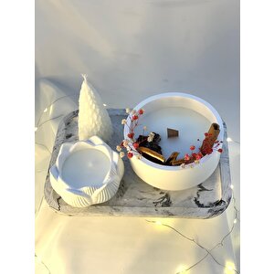 Mermer Desen Büyük Organizer Tabak Beton Kase Aromaterapi  Çam Ağacı Lotus Soya Mum Set