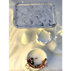 Mermer Desen Büyük Organizer Tabak Beton Kase Aromaterapi  Çam Ağacı Lotus Soya Mum Set
