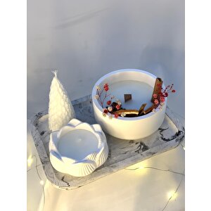 Mermer Desen Büyük Organizer Tabak Beton Kase Aromaterapi  Çam Ağacı Lotus Soya Mum Set