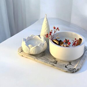Mermer Desen Büyük Organizer Tabak Beton Kase Aromaterapi  Çam Ağacı Lotus Soya Mum Set