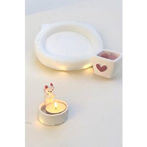 Dekoratif Ellerini Isıtan Kedi Mumluk Kedi Organizer Tabak Kalp Saksı Soya Mum Set