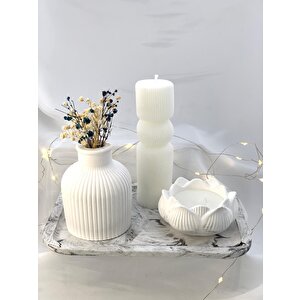 Dekoratif Mermer Desen Büyük Organizer Tabak Vazo Sütun Lotus Soya Mum Set