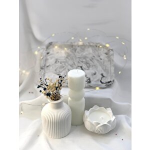 Dekoratif Mermer Desen Büyük Organizer Tabak Vazo Sütun Lotus Soya Mum Set
