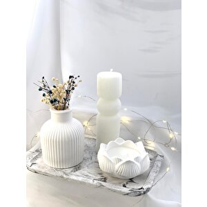 Dekoratif Mermer Desen Büyük Organizer Tabak Vazo Sütun Lotus Soya Mum Set