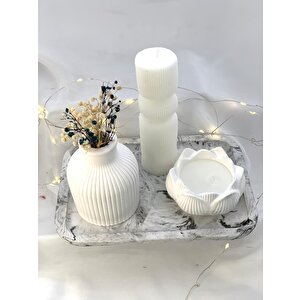 Dekoratif Mermer Desen Büyük Organizer Tabak Vazo Sütun Lotus Soya Mum Set
