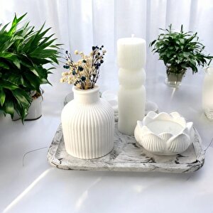 Dekoratif Mermer Desen Büyük Organizer Tabak Vazo Sütun Lotus Soya Mum Set