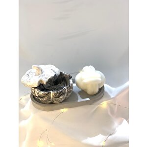 Dekoratif Oval Gri Organizer Tabak Mermer Desen Kapaklı Kabak Kase Yumak Soya Mum Set