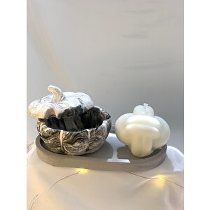 Dekoratif Oval Gri Organizer Tabak Mermer Desen Kapaklı Kabak Kase Yumak Soya Mum Set