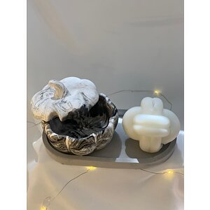 Dekoratif Oval Gri Organizer Tabak Mermer Desen Kapaklı Kabak Kase Yumak Soya Mum Set