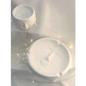 Dekoratif Soyut Yüz Desen Küllük  Beton Saksı Soya Mum Set
