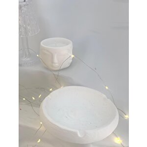 Dekoratif Soyut Yüz Desen Küllük  Beton Saksı Soya Mum Set