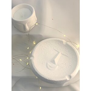 Dekoratif Soyut Yüz Desen Küllük  Beton Saksı Soya Mum Set