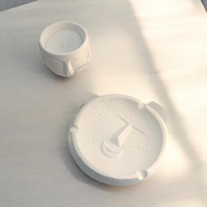 Dekoratif Soyut Yüz Desen Küllük  Beton Saksı Soya Mum Set