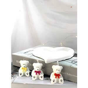 Dekoratif Kalp Organizer Tabak  Üçlü Sevimli Ayıcıklar Soya Mum Set