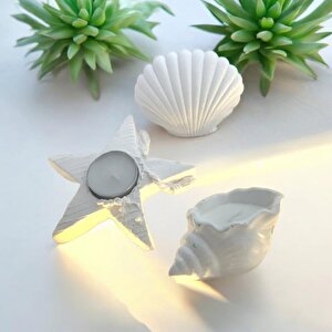 Dekoratif Beton İstiridye Biblo Deniz Kabuğu Soya Mum Yıldız Desen Tealight Set